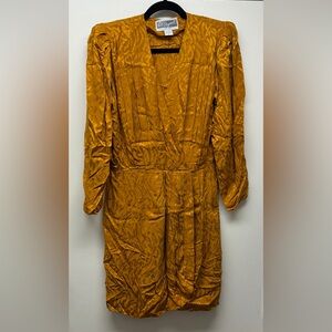 Vintage Pat Argent mustard yellow silk dress faux wrap mini